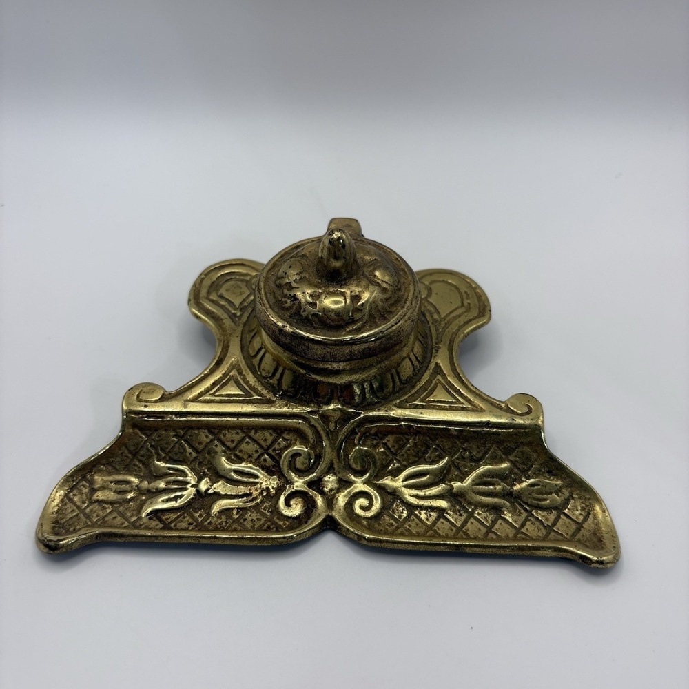 Vintage Ornate Brass Inkwell Victorian Scrollwork Hinged Lid Desk Decor No Well